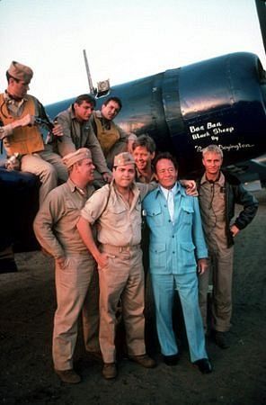 Black Sheep Squadron 1976–1978 The dramatized World War II adventures of US Major Gregory "Pappy" Boyington and his Marine Attack Squadron 214, AKA The Black Sheep Squadron. Maj. Greg 'Pappy' Boyington (Robert Conrad), 1st Lt. Jerome 'Jerry' Bragg (Dirk Blocker),  Lt. Bob Boyle (Larry Manetti),  1st Lt. Thomas Joseph 'T.J.' Wiley (Robert Ginty), Lt. Bob Anderson (John Larroquette), Capt. James 'Jim' Gutterman (James Whitmore Jr.). Pictured in blue is the real Major Greg "Pappy" Boyington. Black Sheep Squadron, John Larroquette, Plane Photos, Robert Conrad, Baa Baa Black Sheep, Vintage Planes, Wwii Plane, American Freedom, Wwii Aircraft