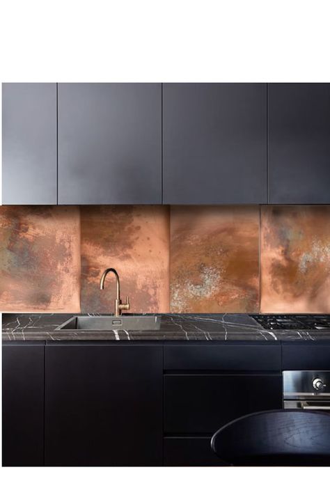 Copper Splashback Kitchen, Copper Splashback, Black And Copper Kitchen, Sink Backsplash, Copper Kitchen Backsplash, Metal Tile Backsplash, Copper Interior, Copper Backsplash, Copper Tiles