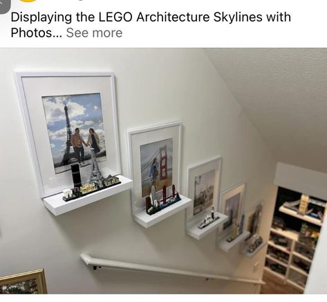 Basement Stairway Ideas, Lego Display Ideas, Staircase Wall Decor, Architecture Set, Lego Wall, Lego Sculptures, Lego Display, Wall Niche, Picture Shelves