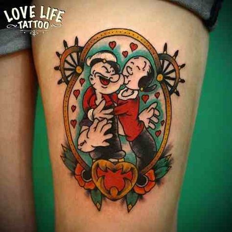 Don't believe it, Popeye, she's boning Bluto when you're not around ;) Popeye Tattoo, Love Life Tattoo, Olive Tattoo, Popeye And Olive, Russian Tattoo, Popeye The Sailor Man, Coffee Tattoos, Nautical Tattoo, Traditional Tattoo Design