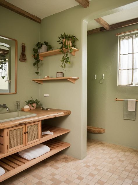 23 Sage Green Bathroom Ideas – The DIY Desire Green Bathroom Beige Tile, Small Bathroom Ideas Sage Green, Sage Green Bathroom Aesthetic, Green And Natural Wood Bathroom, Sage Green And Wood Bathroom, Green Downstairs Toilet, Terracotta And Green Bathroom, Light Green Bathroom Walls, Bathroom Tan Tile