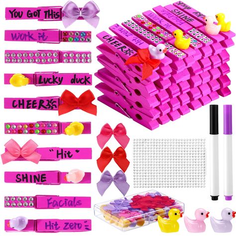 PRICES MAY VARY. Complete DIY Set: our cheerleading clothespins set comes with 60 wooden clothespins, 30 mini resin ducks, 30 mini bows, glue, diamond stickers, and pens; This allows you to create personalized cheer clips, giving cheerleaders an unforgettable gift and adding a unique touch to their accessories Fun and Engaging DIY Activity: experience the joy of DIY with our clips; Decorate and customize your cheerleading pins using the included cartoon accessories and stickers; This fun and int Cheer Competition Goodie Bags, Cheer Pins For Backpacks, Cheer Pin Ideas, Cheerleading Clothespins, Cheer Clothes Pins, Cheer Pegs, Cheer Clothespins Ideas, Cheer Clips, Cheerleading Backpacks