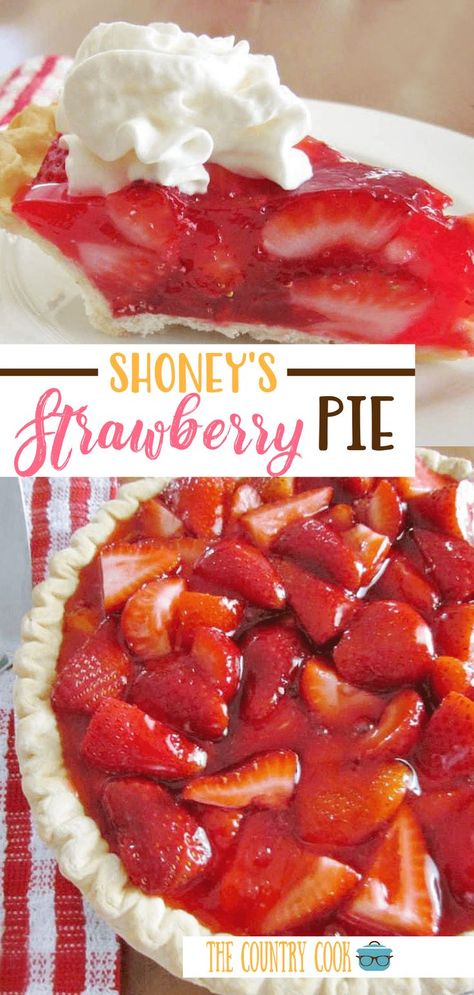 This Easy Shoney's Strawberry Pie is a favorite summer dessert recipe! Made with a frozen pie crust, jello, fresh strawberries and a dollop of whipped cream!  #StrawberryPie #Dessert #Easy #Pie Shoneys Strawberry Pie, Dirt Pie, Strawberry Pie Recipe, Dessert Pie Recipes, Frozen Pie Crust, Fresh Strawberry Pie, Pie Pops, Frozen Pie, Dessert Easy