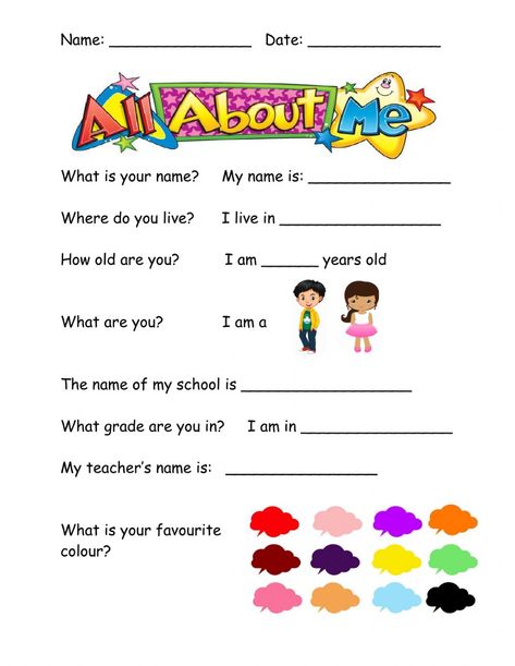 Myself interactive activity for pre school-grade1. You can do the exercises online or download the worksheet as pdf. My Self Worksheet, English Test For Kids, About Me Worksheet, Me Worksheet, Test For Kids, All About Me Worksheet, All About Me Preschool, All About Me Activities, Primary English