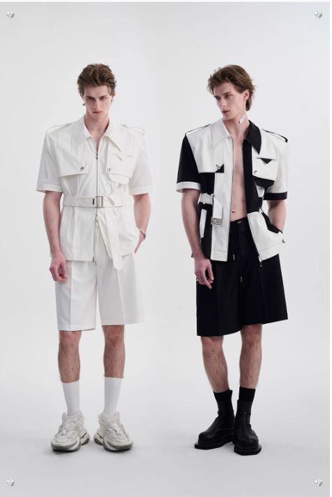 TIWILLTANG: B&W Structured Belted Shirt & Casual Shorts Set Available at ohvault.com 𝐎 Shop Quality Streetwear Brands From Asia  As Seen on TikTok, Pinterest & Instagram #style #outfitinspo #fashion #vintage #gorpcore #streetwear #streetfashion #aesthetic #y2k Vintage Gorpcore, Gorpcore Streetwear, Fashion Typography, Men Fashion Show, Men Wear, Aesthetic Y2k, Instagram Style, Futuristic Fashion, Crop Top Outfits