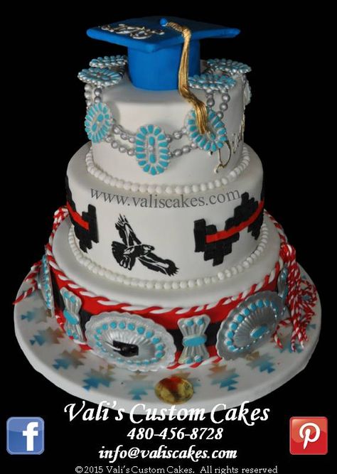 Beautiful Navajo theme graduation cake. Our cluster necklace & concho signature design with school mascot. Reminder, May's graduation cakes start booking in January, don't be late!! Western Graduation, Native American Cake, College Graduation Cakes, Homemade Banana Pudding, Edible Creations, Adult Birthday Cakes, Sculpted Cakes, Graduation Cake, Navajo Jewelry