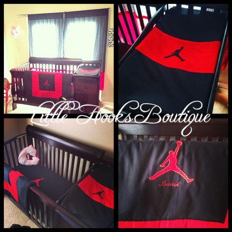 Our Air Jordan Jump Man Crib set <3 Custom Orders welcome https://m.facebook.com/LittleHooksBoutique message us for more information :) #jumpman #airjordan #crib set Nursery set :) Girl Jordans, Baby Doe, Jordan Clothing, Room Diys, Jordan Baby Shower, Baby Boy Crib, Best Baby Shoes, Baby Crib Sets