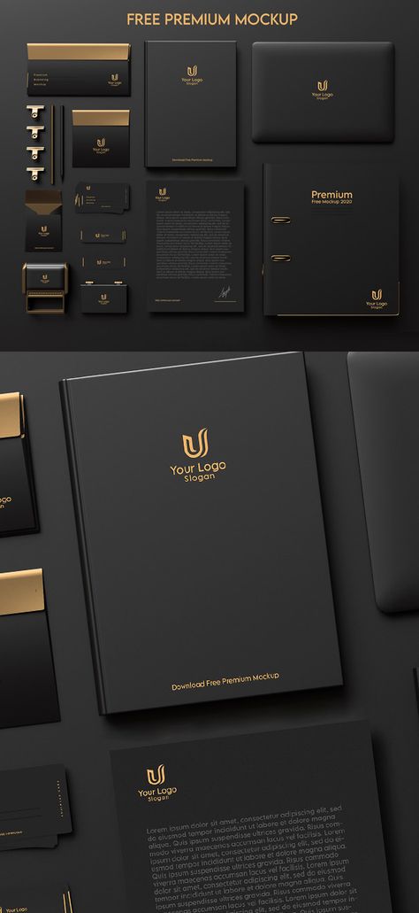 Branding Template Free, Stationary Mockup Free Psd, Brand Mockup Free, Gold And Black Branding, Dark Brand Identity, Dark Stationary, Business Card Mockup Free Psd, Logo Mockup Free Psd Download, Black Gold Branding