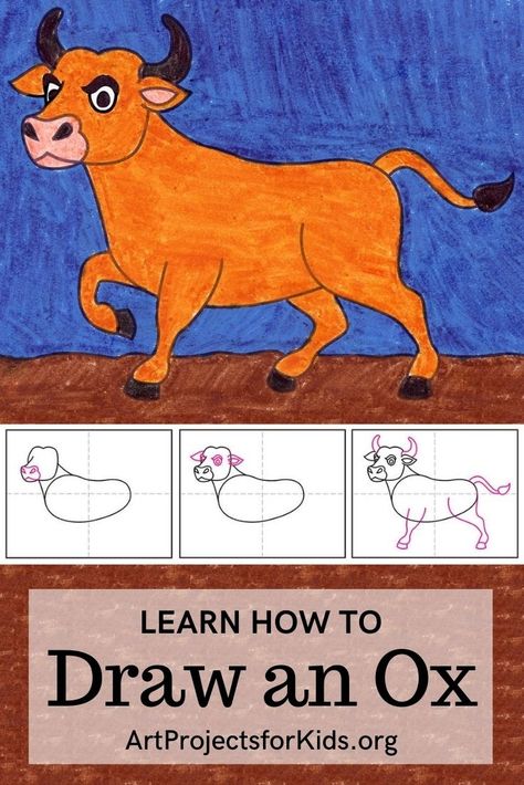 Learn how to draw an Ox with an easy step-by-step PDF tutorial. #tutorial #howtodrawforkids #yearoftheox #ox #chinesenewyear Ox Drawing Easy, Job Drawing, Horse Friends, Animal Signs, Tutorial Drawing, Homeschool Art, Drawing Projects, Alcohol Ink Art, Grade 4