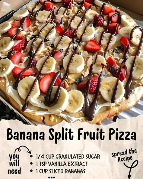 Easy Delicious Recipes | Banana Split Fruit Pizza 🍌🍓🍍 | Facebook Fruit Pizza Ingredients, Recipes Banana, Banana Split Cake, Split Cake, Grandma Cooking, Pizza Ingredients, Banana Dessert, Dessert Pizza, Fruit Pizza