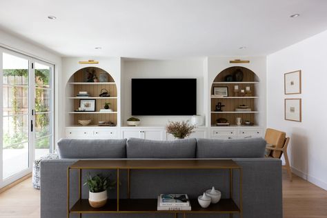 Living Room Tv Not Focal Point, Media Room Cabinet Ideas, Built In Media Wall Basement, Amber Interiors Tv Room, Media Wall Built In Ideas, Media Console Built In, Large Tv Built In, Built In Tv Console Ideas, Built In Shelves Tv Wall