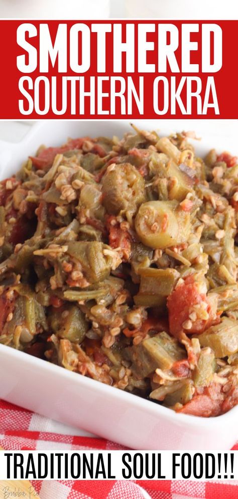 This recipe for Smothered Okra is a traditional southern soul food staple that your whole family will love! WIth okra, garlic, onions and tomatoes, this is a vegetarian dish. But you can add shrimp, chicken, sausage or any meat that sounds good. Okra And Tomatoes Easy, Okra And Tomatoes Southern, Southern Okra, Smothered Okra, Okra Gumbo, Okra Stew, Okra And Tomatoes, Tomato Dishes, Deep South Dish