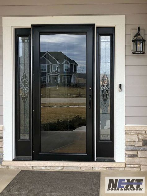 Black Front Door With Sidelights And Storm Door, Entry Door With Storm Door, Front Storm Door Ideas, Front Door With Storm Door, Storm Door Ideas, Black Front Door With Sidelights, Front Storm Door, White Storm Door, Front Door Systems