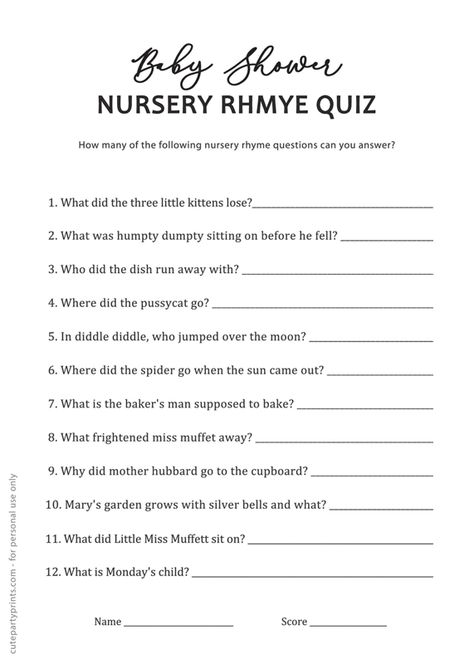 Guess The Nursery Rhyme Game, Finish The Nursery Rhyme Game Printable, Nursery Rhyme Shower Game, Nursery Rhyme Game Baby Shower Printable, Nursery Rhyme Trivia Baby Shower Games, Name That Nursery Rhyme Game, Nursery Rhyme Games, Baby Shower Song Game, Baby Shower Paper Games