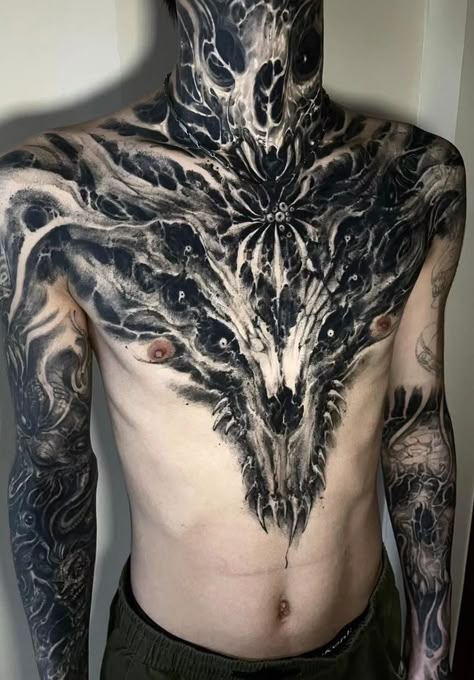 Black Shade Tattoo, Goth Chest Tattoo Men, Black Throat Tattoo, Black Out Chest Tattoo, Dark Chest Tattoo, Blackwork Chest Tattoo, Black Chest Tattoo, Blackout Neck Tattoo, Evil Tattoos Demons