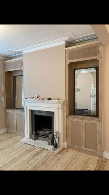 Fireplace with alcove cupboards/ cabinets either side Alcove Cabinets, Alcove Cupboards, Bedroom Fireplace, Sitting Room, Entertainment Unit, Chandeliers, Cupboard, Fireplace, Siding