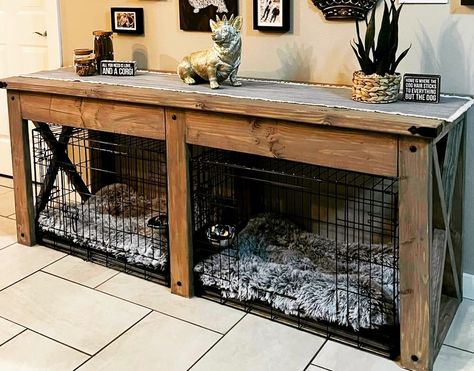 Dog Kennel Furniture For 3 Dogs, Diy Dog Crate End Table Plans, Dog Crate In Dining Room, Dog Kennel Entry Table, Pallet Dog Cage Diy, Dog Crate Buffet Table, Dog Crate Coffee Bar, Hidden Kennel Ideas, Where To Put Dog Kennel In House