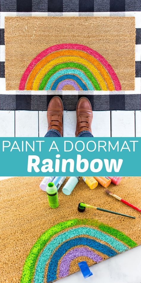 Paint this fun DIY rainbow doormat using our easy tutorial. How To Paint A Rainbow, Canvas Painting Ideas Rainbow, Small Canvas Rainbow Painting, Rainbow Doormat, Absida Rainbow Rug, Sharing A Rainbow Painting, Paint Chips Diy, Shamrock Garland, Diy Summer Crafts