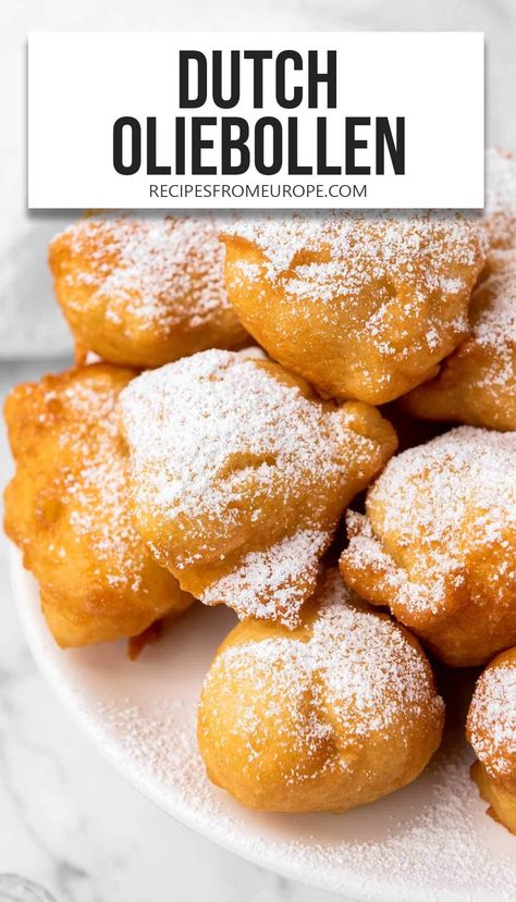 Want to make Oliebollen? These Dutch doughnuts are perfectly deep fried and coated in powdered sugar - making them a festive sweet treat! Oliebollen Recipe, Dutch Desserts, Danish Cuisine, Dutch Cuisine, Fried Donuts, Italian Pastry, Doughnut Recipe, Coffee Cakes, Dutch Recipes