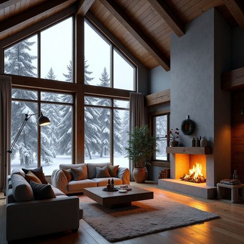 Living Room Designs With Tall Ceilings, High Roof Living Room, Double Height Fireplace, Tall Windows Living Room High Ceilings, Tall Windows Living Room, Wood Burning Fireplace Ideas, Slanted Ceiling Living Room, Big Windows Living Room, Modern Sunroom