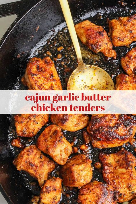 Garlic Butter Chicken Tenders are juicy, buttery melt-in-your-mouth chicken pieces that are versatile for many recipes from salads to pasta dishes. Cajun seasoned chicken tenders are skillet cooked then tossed in garlic butter right in the same pan.  #GarlicButterChicken #ChickenTenders #ComfortFood #HomeCooking #EasyRecipes #CajunChicken #GarlicButter What To Cook With Chicken Tenders, Chicken Tender Ideas, Garlic Butter Chicken Tenders, Chicken Tenders Dinner, Cheesy Corn Dip, Air Fried Chicken Tenders, Firecracker Sauce, Mouth Chicken, Chicken Blt