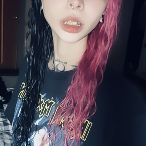 split pink and black hair alt girl Black And Pink Split Dye, Half Black Half Pink Hair, Half Pink Half Black Hair, Split Hair Dye, Pink And Black Hair, Black Hair Aesthetic, Split Dyed Hair, Pink Hair Dye, Black Roots