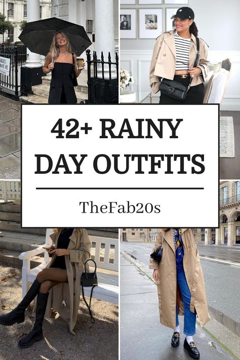 Stay stylish on rainy days with these chic outfit ideas! Whether you're looking for a casual rain look for spring or a polished office ensemble, we've got you covered. Embrace the rainy day aesthetic with trendy pieces that will keep you dry and fashionable. From cute rain boots to cozy layers, create your perfect rainy day outfit effortlessly. Don't let the weather stop you from slaying in style! New England Rainy Day Outfit, Cute Outfits For Cold Rainy Days, Spring Cold Weather Outfit Chic, Outfits Ideas For Rainy Days, Rainy Holiday Outfit, New York Rainy Day Outfit Summer, Rainy Day 90s Outfit, Rainy Days Outfit For Work, How To Dress For Rainy Days