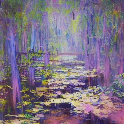 Tranquil Forest - Purple, trees and flower on river abstract luminous art. River Abstract, Purple Forest, Painting Purple, Purple Trees, Story Of The World, Forest Painting, Pastel Art, Beautiful Paintings, Abstract Art Painting