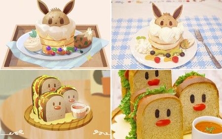 Side-by-side pictures of an Eevee cake and dug trio sandwiches Pokemon Food Ideas, Pokemon Party Food, Pokemon Desserts, Pokemon Recipe, Pokemon Snacks, Pokemon Food, Poke Recipe, Kartu Pokemon, Pokemon Cake