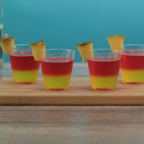 Card image Jello Shots With Rum, Shots With Rum, Easy Jello Shots, Rum And Orange Juice, Rum Shots, Pineapple And Strawberry, Jello Pudding Shots, Pineapple Jello, Layered Jello