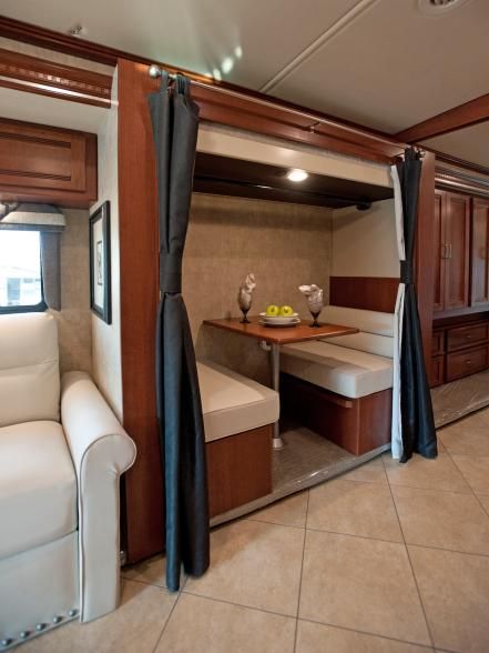 The+intimate+dinette+folds+into+a+spacious+bunk+bed+setup. Rangement Caravaning, Rv Curtains, Rv Living Room, Rv Interior Design, Rv Remodeling, Camper Interior Design, Camper Remodeling, Camper Redo, Kombi Home