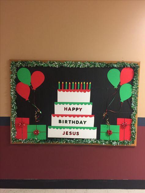 Sunday School Bulletin Board- Happy Birthday Jesus Happy Birthday Jesus Decorations, Happy Birthday Jesus Door Decoration, Jesus Christmas Bulletin Board, Happy Birthday Jesus Bulletin Board, Nativity Bulletin Board Ideas, Happy Birthday Jesus Crafts, Christmas Sunday School Bulletin Boards, Christian Christmas Bulletin Board Ideas, Jesus Bulletin Boards