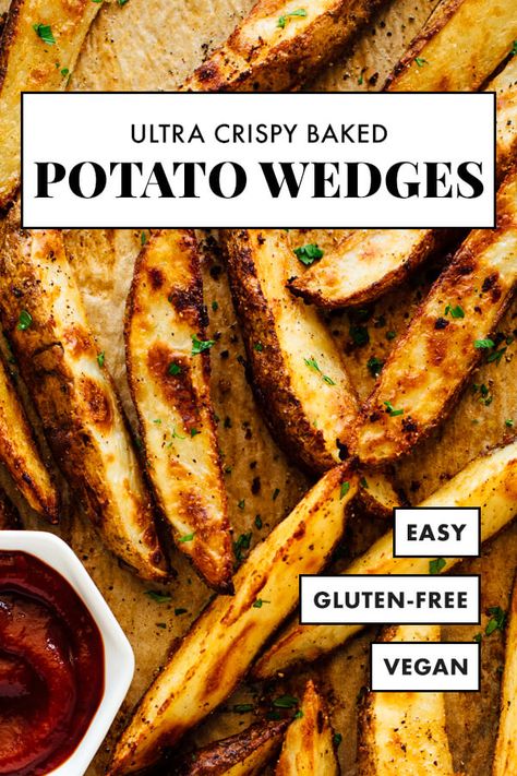 Everyone will love these ULTRA CRISPY baked potato wedges! They’re crispy, delicious and irresistible. This recipe for potato wedges is easy, and more healthy than regular French fries—these potato wedges are baked in olive oil instead of fried! Make some tonight! #cookieandkate #potatowedges #healthyfrenchfries #homemadefrenchfries Baked Potato Wedges Recipe, Healthy French Fries, Baked Potato Wedges, Crispy Potato Wedges, Crispy Baked Potatoes, Potato Wedges Recipe, Potato Wedges Baked, Wedges Recipe, Homemade French Fries