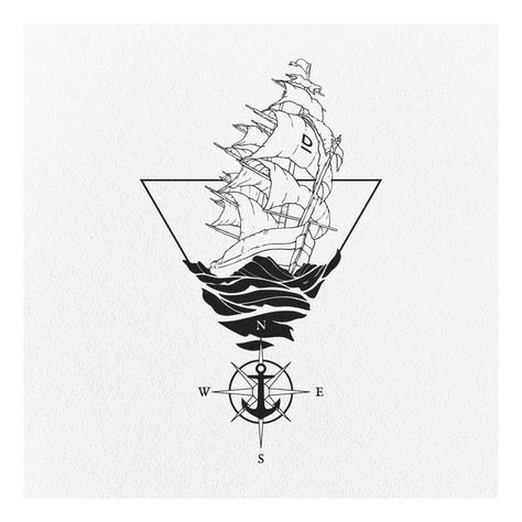 Zee Tattoo, Boat Tattoo, Poseidon Tattoo, Sea Tattoo, Dot Tattoos, Black And White Illustrations, Ship Tattoo, Guy Drawing, Trendy Tattoos