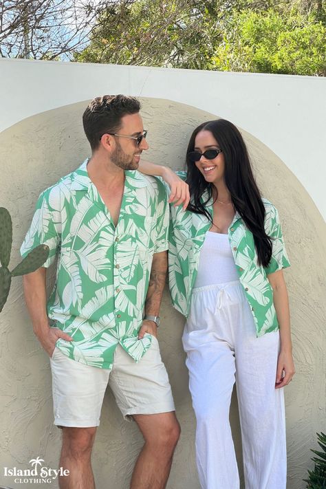 Mens & Womens Matching Hawaiian Shirts - Noosa. Palm vibes on these shirts - great for holidays or cruising or hospitality uniforms. #hawaiianshirts #hospitalityuniforms #matchymatchy Hawaiana Party Outfits Women, Hawaiian Party Outfit, Hawaiian Outfit Women, Matching Hawaiian Outfits, Aloha Outfit, Hawaiian Shirt Outfit, Hawaiian Outfits, Island Style Clothing, Island Outfit