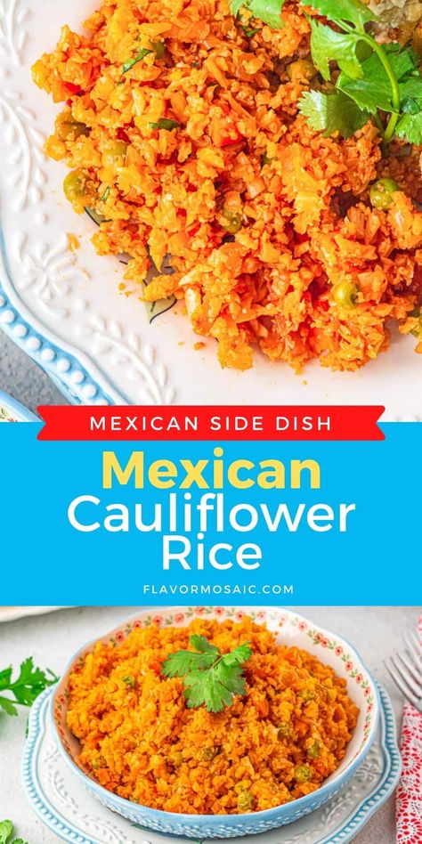 Mexican Cauliflower Rice Cauliflower Mexican Rice Easy, Healthy Mexican Dishes, Cauliflower Mexican Rice, Mexican Cauliflower Rice, Mexican Cauliflower, Mexican Dinners, Spanish Rice Easy, Taco Side Dishes, Mexican Rice Easy