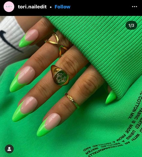 Almond Tips Nails, Almond Tips, Round Shaped Nails, Lime Nails, Lime Green Nails, Nails Round, Tips Nails, Green French, Nails Now