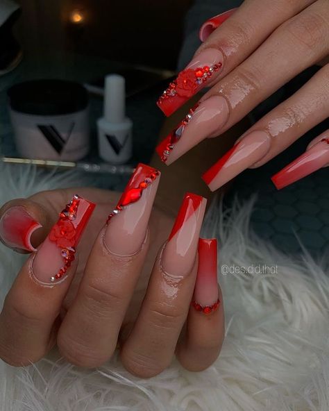 Vday Nails, Red Acrylic Nails, Formal Nails, Nail Designs Valentines, Cute Acrylic Nail Designs, Her Nails, Long Acrylic Nails Coffin, Nail Swag, Bling Acrylic Nails