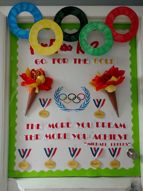 Olympics theme door to my classroom. Olympics Display Classroom, Olympic Door Decorations, Olympics School Theme Bulletin Boards, Olympic Theme Classroom Door, Olympic Door Decorations For School, Vbs Olympics Theme, Olympic Themed Classroom, Olympics Classroom Theme, Olympic School Theme