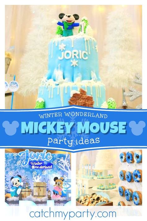 Mickey Winter Wonderland Party, Mickey Mouse Winter Wonderland Party, Winter Themed 1st Birthday, Winter Onederland Party Boy, Mickey Mouse Winter, Cool Mickey Mouse, Winter Wonderland Birthday Party, Winter Wonderland Cake, Birthday Mickey Mouse