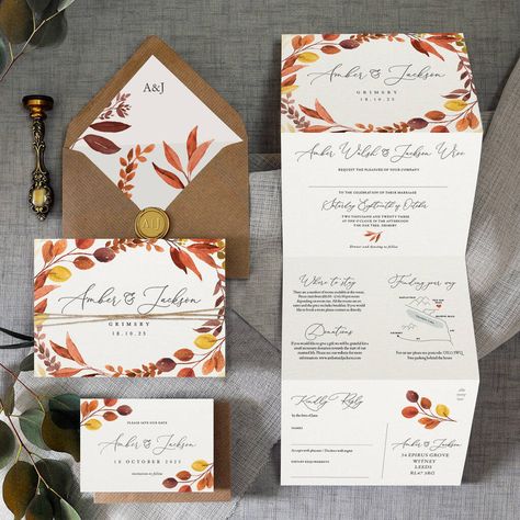 October Save The Date Ideas, Autumn Aesthetic Wedding, Autumn Stationary, Autumn Wedding Invites, Wedding Invitations Orange, Autumn Wedding Decorations, Fall Wedding Invitations Diy, Oktoberfest Wedding, Autumn Themed Wedding