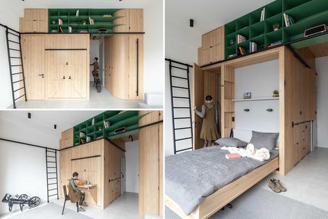 Modular Bedroom, Custom Wood Cabinets, Simple Couch, Green Shelves, Staging Furniture, Apartment Needs, Small Apartment Interior, Bedroom Design Inspiration, Custom Cabinet