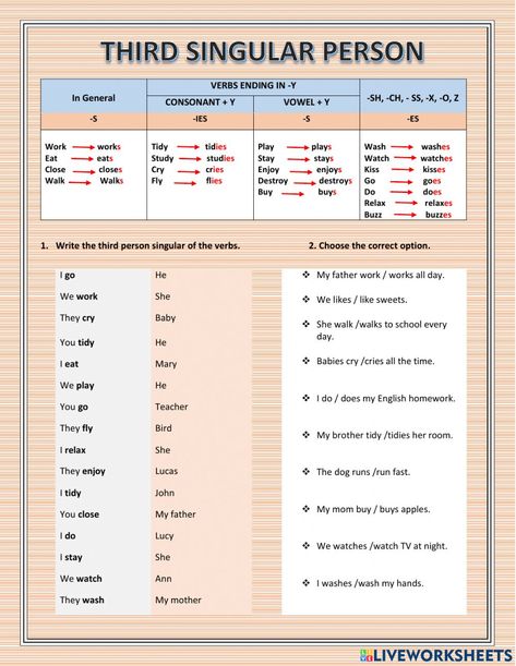 Third Person Singular Worksheets, Simple Present Tense, Spelling Rules, Walk To School, Verb Worksheets, The Third Person, Grammar Rules, English As A Second Language (esl), English As A Second Language