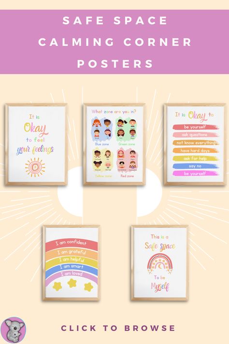 Printable posters for mindful calming corner for kids, bundle of posters, this is a safe space to be myself, positive affirmations for children, emotion regulation poster for children, emotion identification for children, positive parenting Corner Wall Art, Calming Corner, Calm Down Corner, Calming Techniques, Calming Strategies, Green Zone, Mindfulness For Kids, Blue Zones, Corner Wall