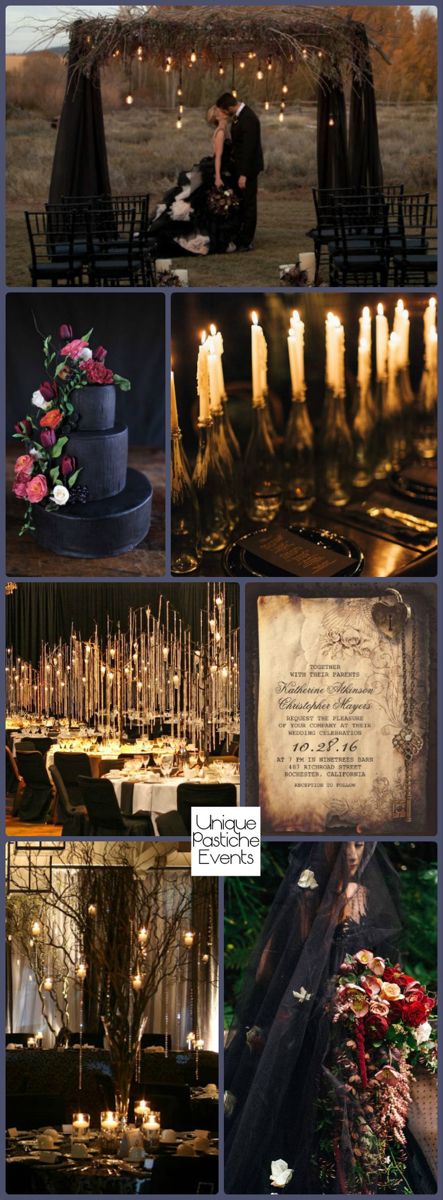 Rustic Goth Wedding by Candlelight – Halloween Wedding Ideas – Unique Pastiche Events Goth Wedding Theme, Halloween Wedding Ideas, Halloween Wedding Decorations, Wedding Reception Themes, Dark Wedding Theme, Wedding Reception Lighting, Black And Gold Wedding, Halloween Themed Wedding, Wedding Colour