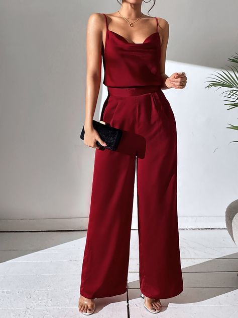 Burgundy Elegant Collar Sleeveless  Plain  Embellished Non-Stretch  Women Clothing Outfit Pantalon Rojo, Bachelorette Cruise, Wide Leg Pants Outfits, Preppy Prom, Leg Pants Outfit, Trendy Business Casual, Business Formal Dress, Coachella Dress, Casual Dressy