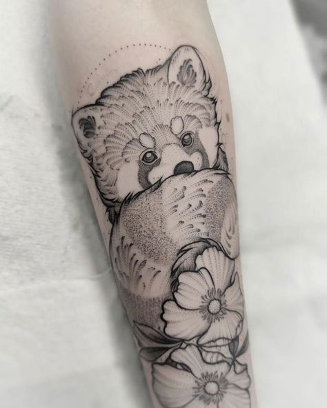 Small Red Panda Tattoo, Red Panda Tattoo Black And White, Turning Red Tattoo, Red Panda Tattoo Design, Ollie Tattoo, Red Panda Tattoo, Valentines Flash, Cool Animal Tattoos, Racoon Tattoo