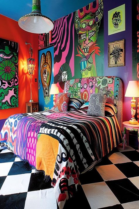 Vivid bedroom with a mix of colorful patterns, green lamps, and groovy wall art for a funky and eclectic interior design. Funky Bedroom Decor, Funky Bedroom, Extraordinary Design, Funky Decor, Nyc Apartment, Spare Room, Bedroom Decor Ideas, Remodel Ideas, Room Inspo