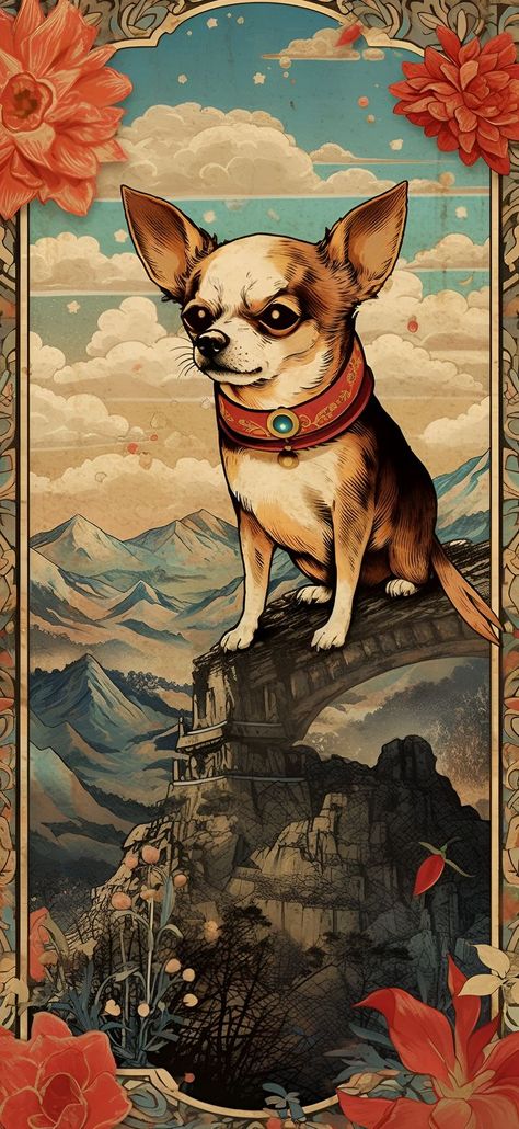 An Ukiyo-E style artistic interpretation of a Giant Chihuahua sitting on ancient ruins with mountains and clouds in the background, perfect as an aesthetic phone wallpaper. Chihuahua Wallpaper Iphone, Chihuahua Aesthetic Wallpaper, Chihuahua Wallpaper, Unique Wallpapers, Aesthetic Wallpaper Iphone, Wallpaper Android, Chihuahua Love, Ukiyo E, Japanese Woodblock Printing