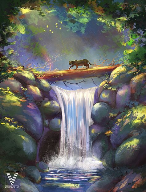 ArtStation - Waterfall, Ekaterina Vitkovskaya Waterfall Sketch, Waterfall Drawing, Forest Drawing, Fall Drawings, Waterfall Pictures, Forest Waterfall, Waterfall Paintings, Waterfall Art, Waterfall Landscape